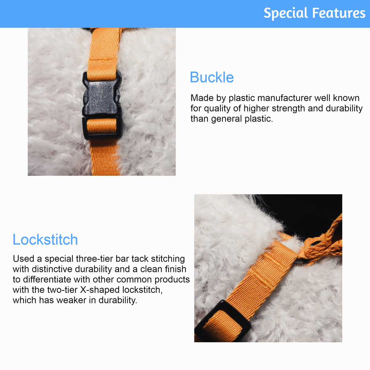 Orange strap with black buckle and lockstitch on a textured background, highlighting special features.