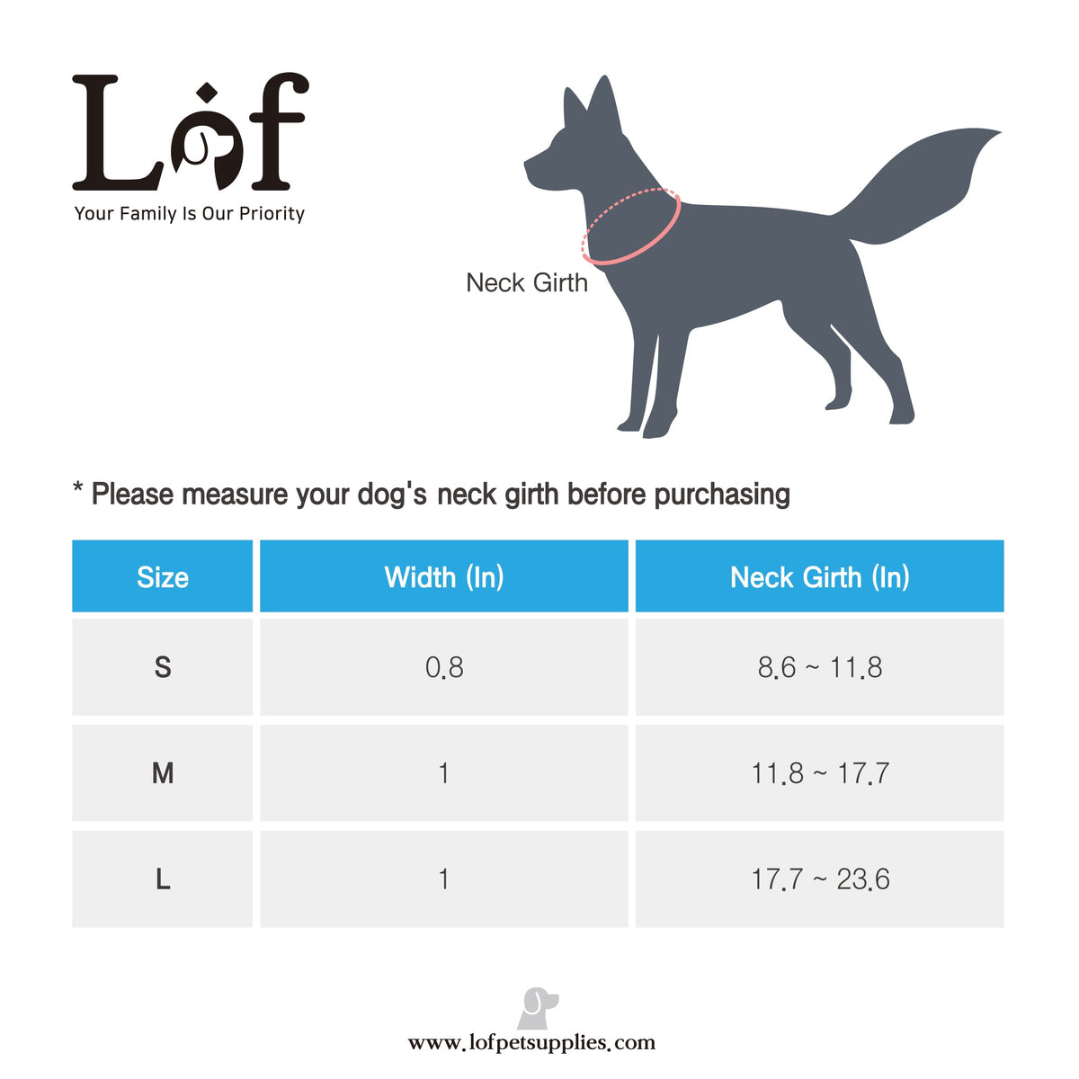 Dog collar size chart with measurements and LOF logo