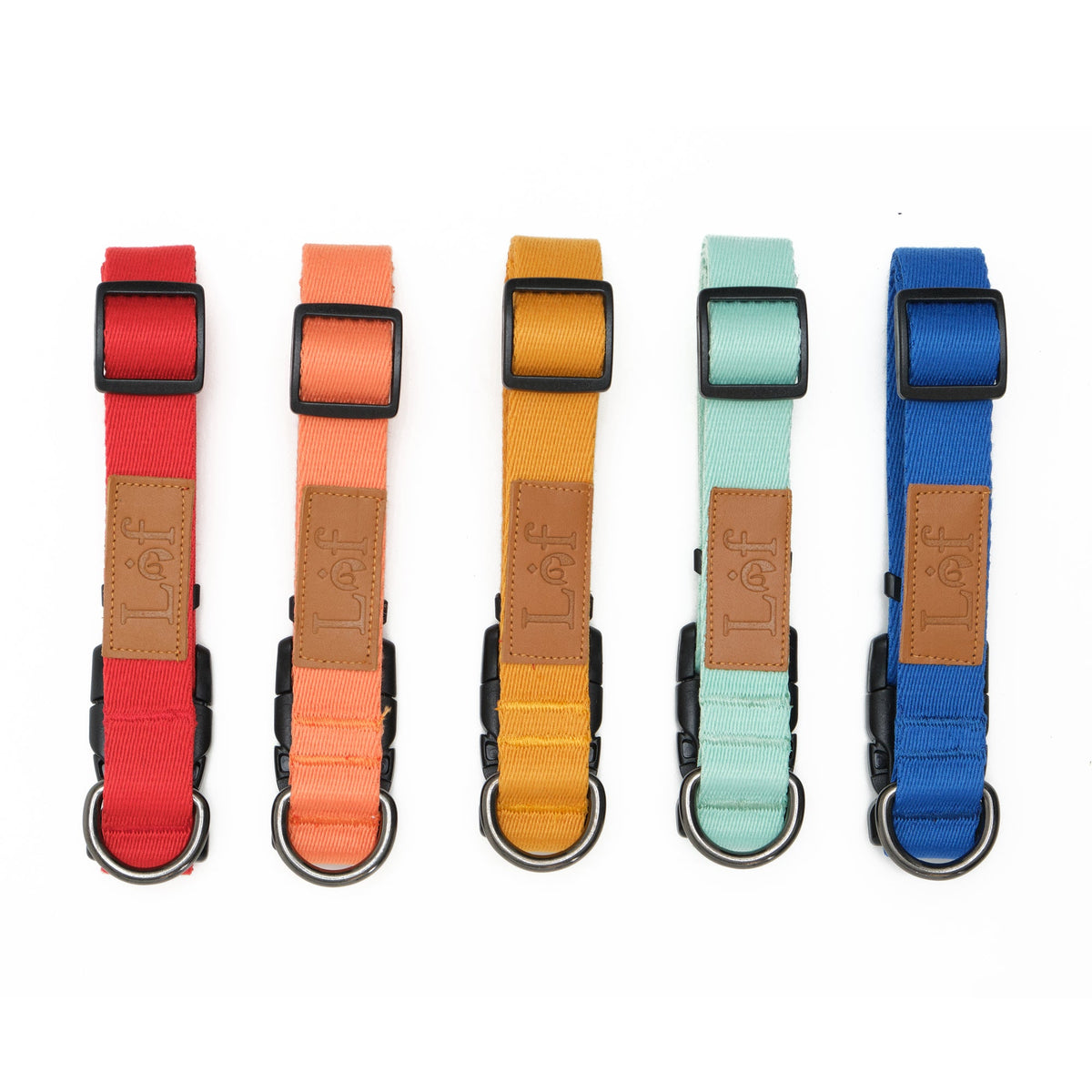 Five colorful dog collars with leather patches on a white background