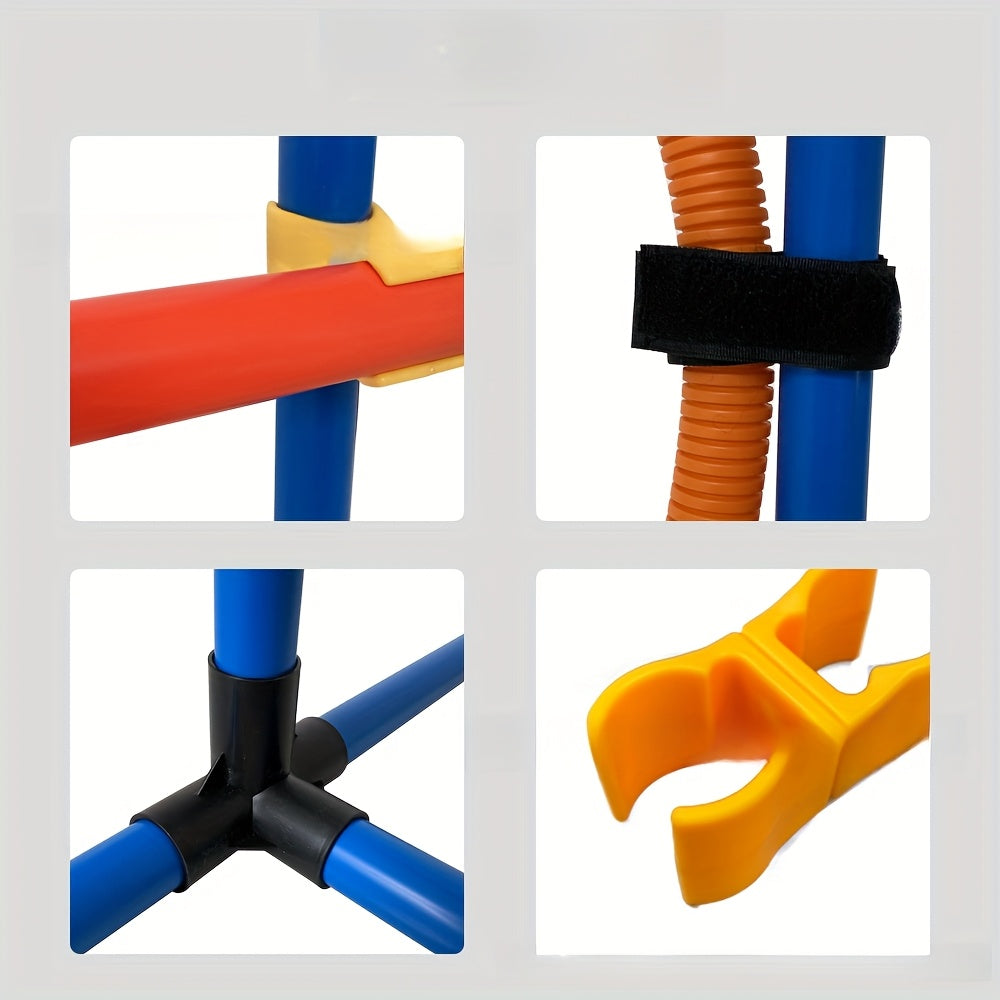 Collage of colorful plastic connectors on a white background