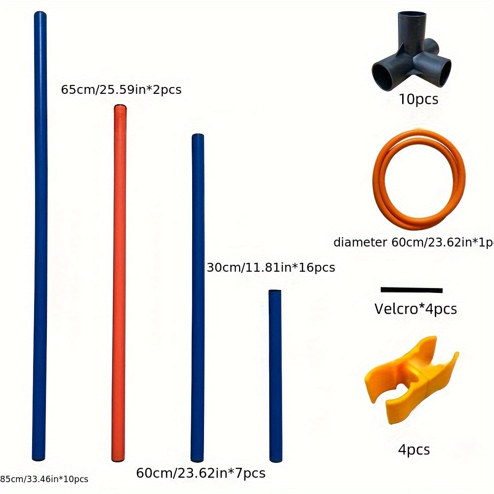 Set of plastic pipes, connectors, and other components with measurements on a white background