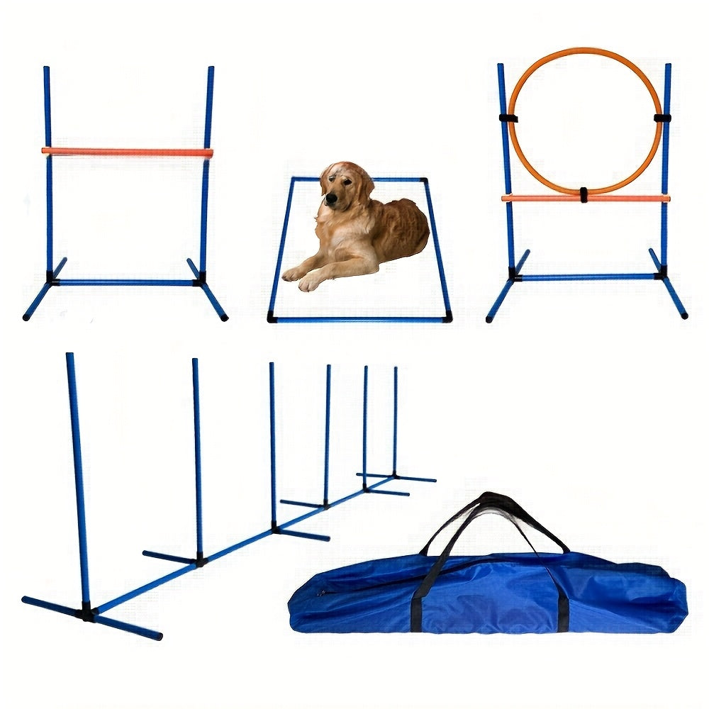 Dog agility training equipment set with a dog lying on the ground, surrounded by hurdles and a carrying bag.