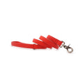 A bright red leather dog leash with a silver metal snap hook clasp, coiled on a plain white background.