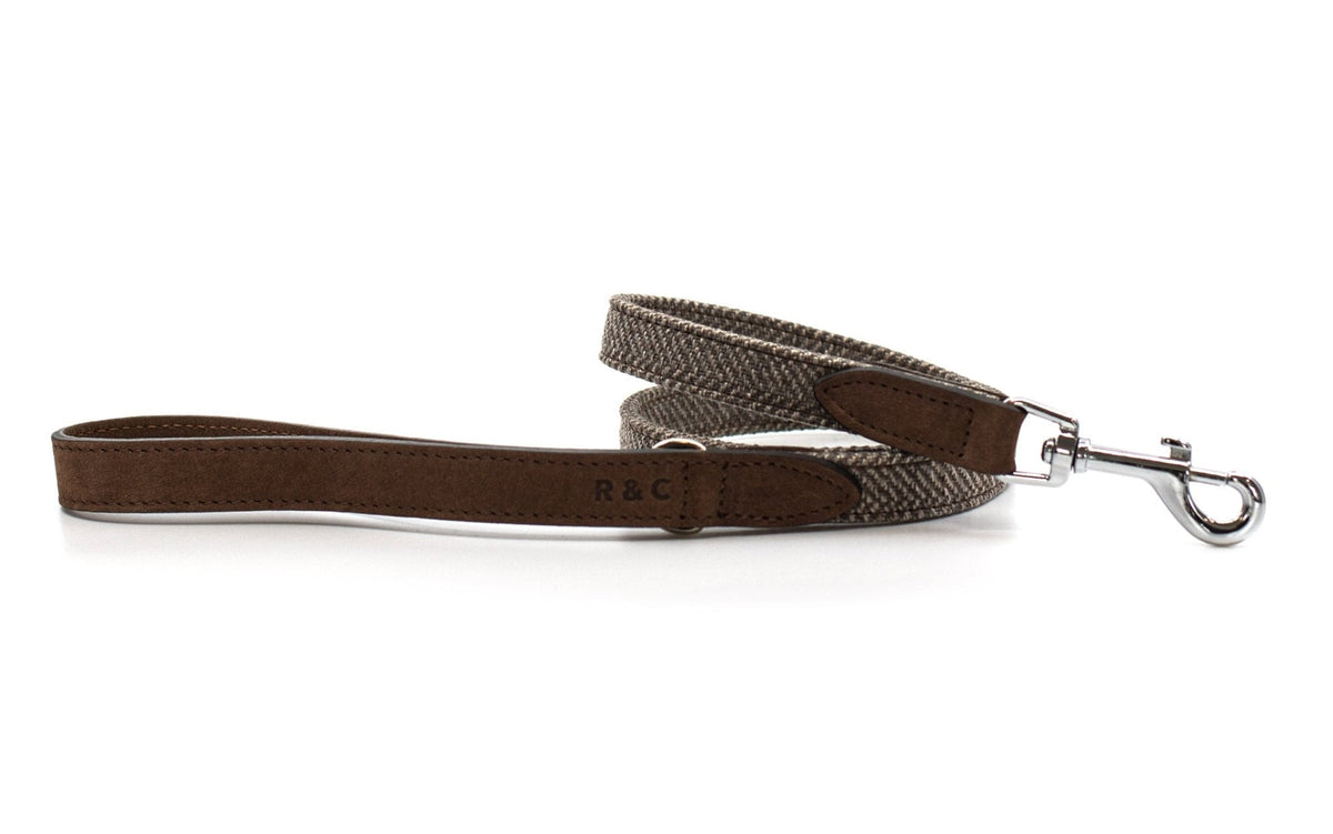 Brown dog leash with metal clip on a white background
