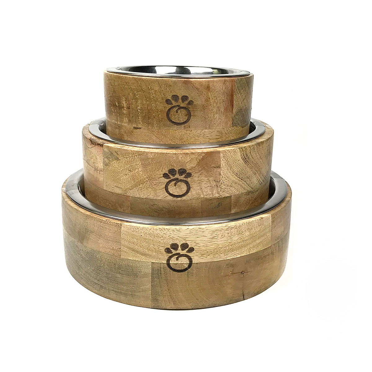 Set of three wooden bowls with metal rims on a white background