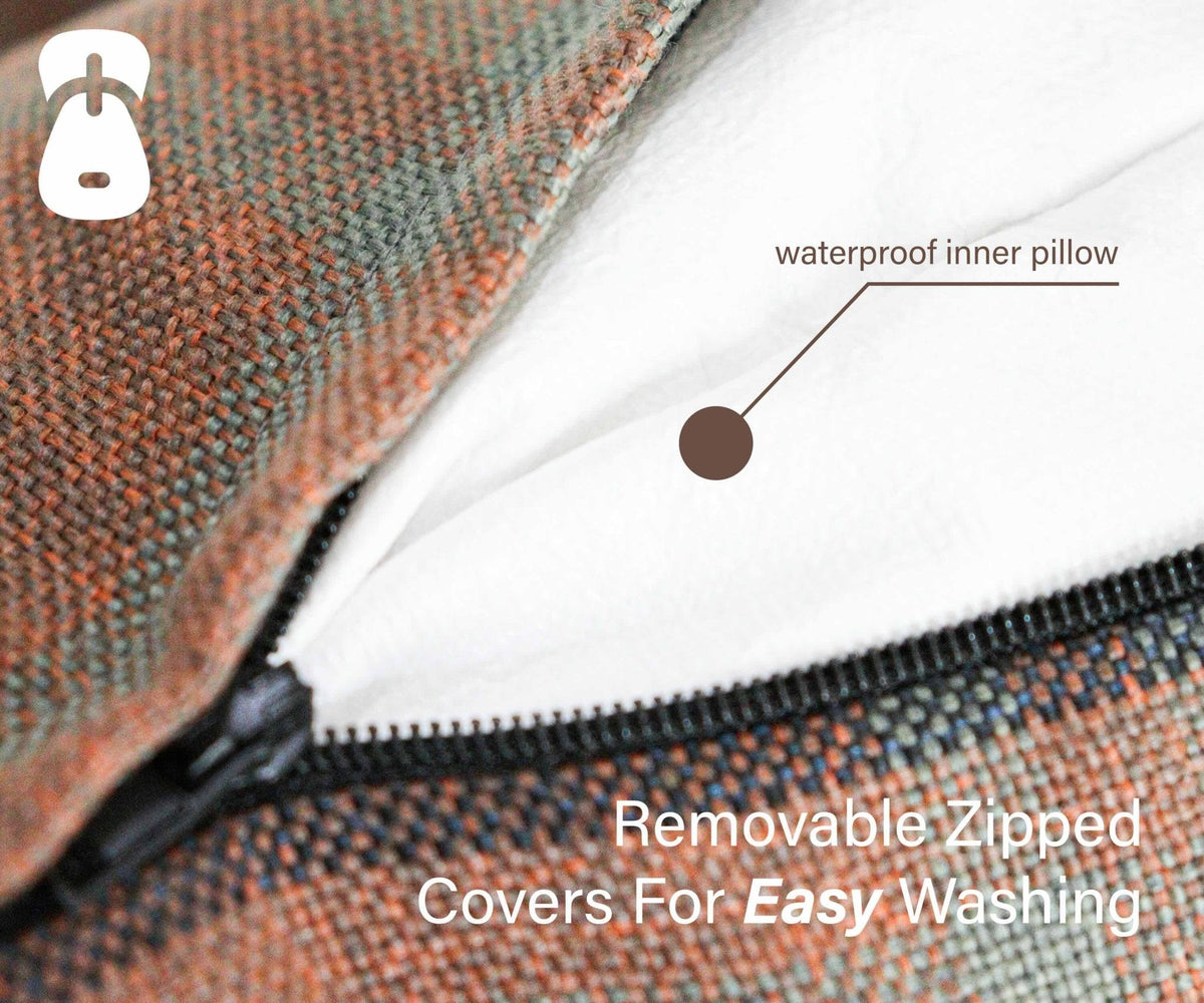 Close-up of a zippered cover with waterproof inner pillow feature and text on packaging.