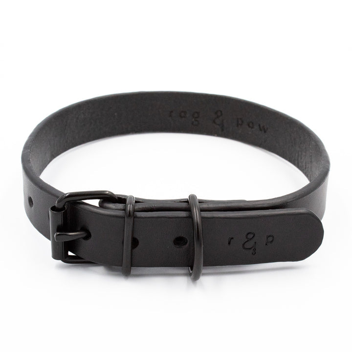 Black leather dog collar with brand engraving on a white background