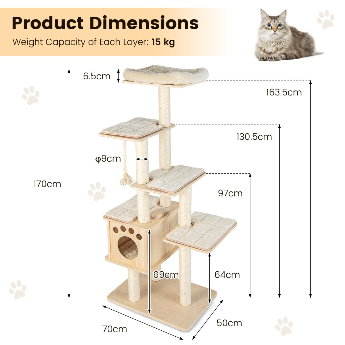 Dimensions of a cat tree with a cat sitting on top, showing weight capacity and dimensions.