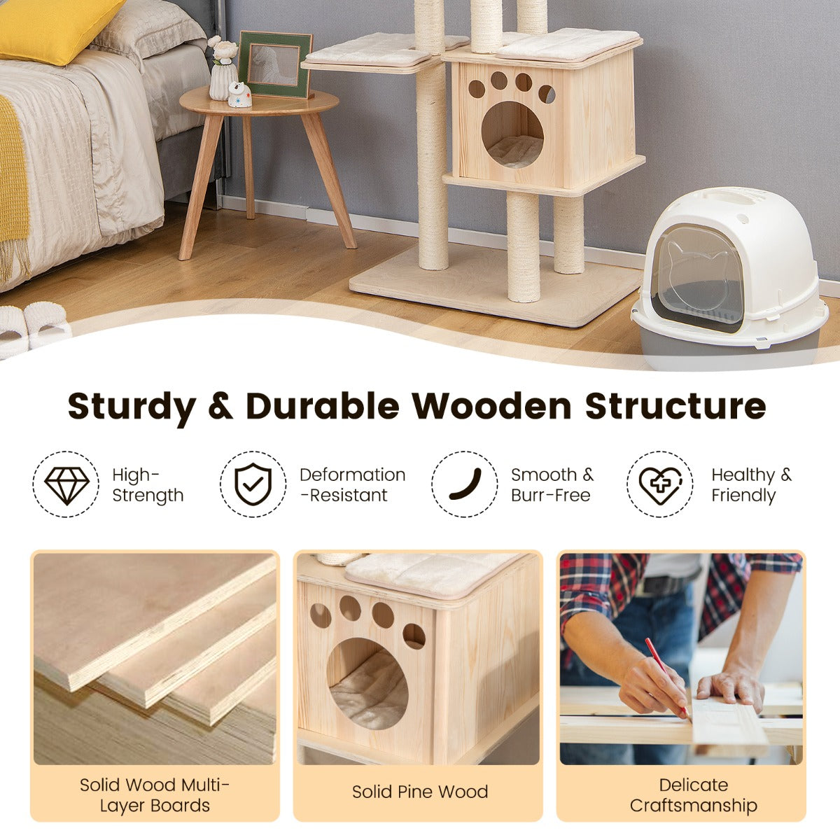 Cat tree with solid wood construction features and durability text overlay