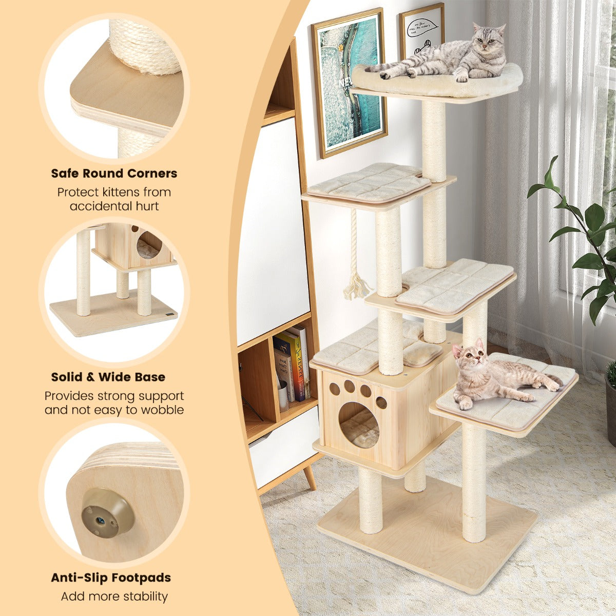 Cat tree with safety features and cats on different levels