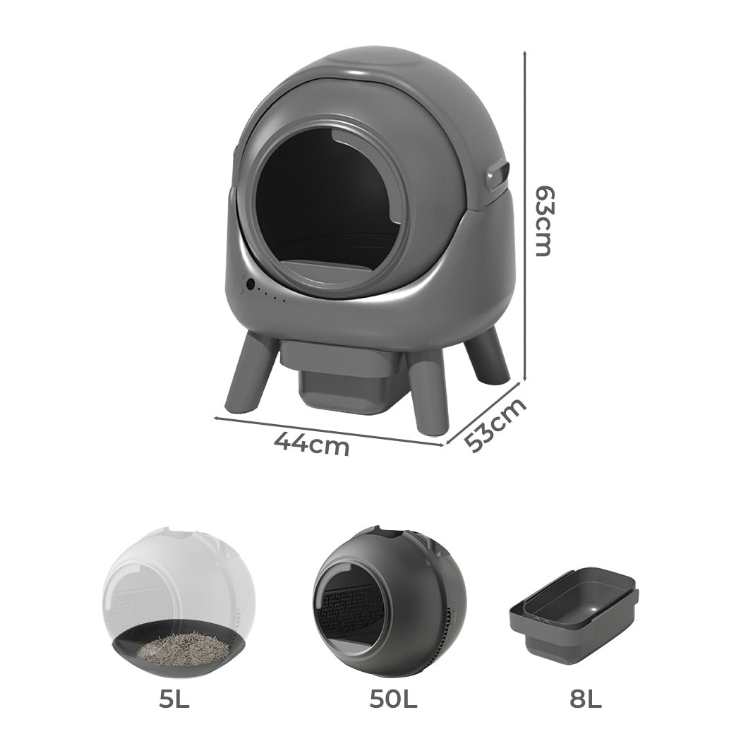Gray pet litter box with dimensions and capacity indicators on a white background