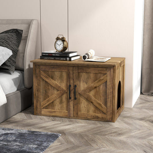 Flip Top Hidden Cat Washroom Furniture with Double Barn Doors and Removable Divider-1