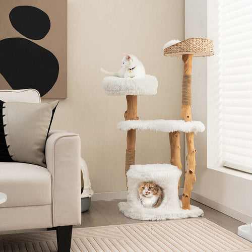 Solid Wood Cat Tower with Top Cattail Basket Cat Bed for Indoor Cats-White-1