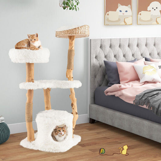 Solid Wood Cat Tower with Top Cattail Basket Cat Bed for Indoor Cats-White-3
