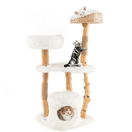 Solid Wood Cat Tower with Top Cattail Basket Cat Bed for Indoor Cats-White-4