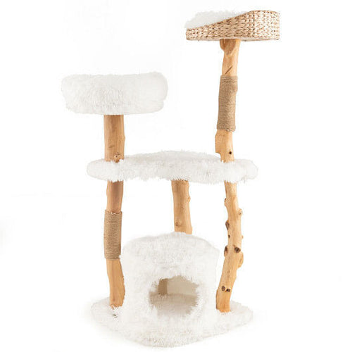 Solid Wood Cat Tower with Top Cattail Basket Cat Bed for Indoor Cats-White-0