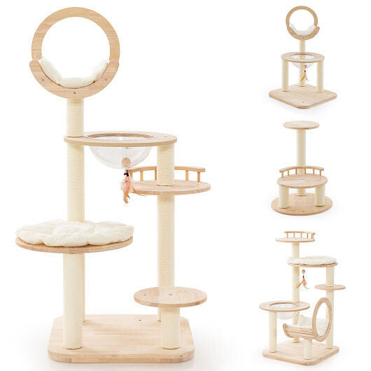 4-in-1 Large Wooden Cat Tower with Space Capsule Nest for Indoor Cats-4