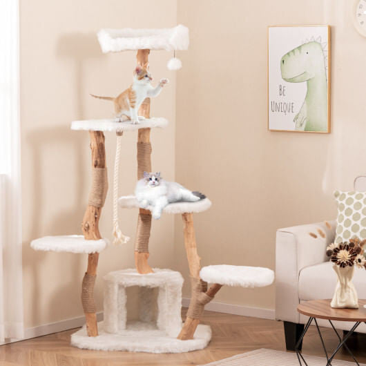 66 Inch Tall Solid Wood Cat Tree Modern Wooden Cat Tower with Perch-White-0