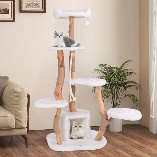 66 Inch Tall Solid Wood Cat Tree Modern Wooden Cat Tower with Perch-White-1