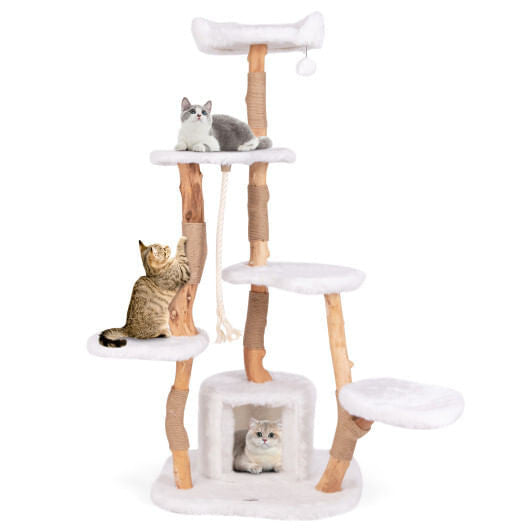 66 Inch Tall Solid Wood Cat Tree Modern Wooden Cat Tower with Perch-White-2