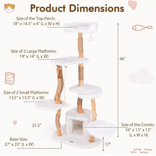 66 Inch Tall Solid Wood Cat Tree Modern Wooden Cat Tower with Perch-White-3