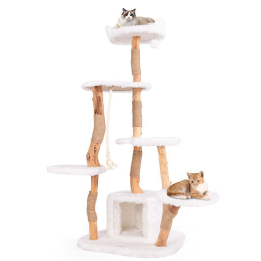 66 Inch Tall Solid Wood Cat Tree Modern Wooden Cat Tower with Perch-White-4