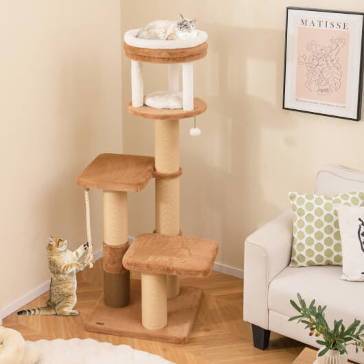 65 Inches Tall Cat Tree with Self-groomer and Removable Cat Bed-Coffee-0