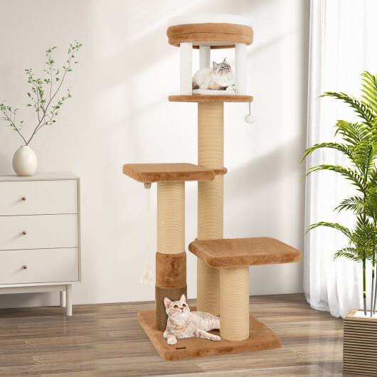 65 Inches Tall Cat Tree with Self-groomer and Removable Cat Bed-Coffee-1