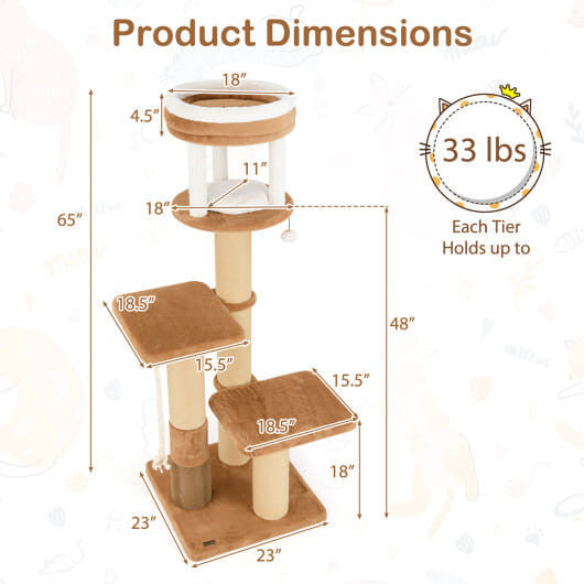 65 Inches Tall Cat Tree with Self-groomer and Removable Cat Bed-Coffee-3