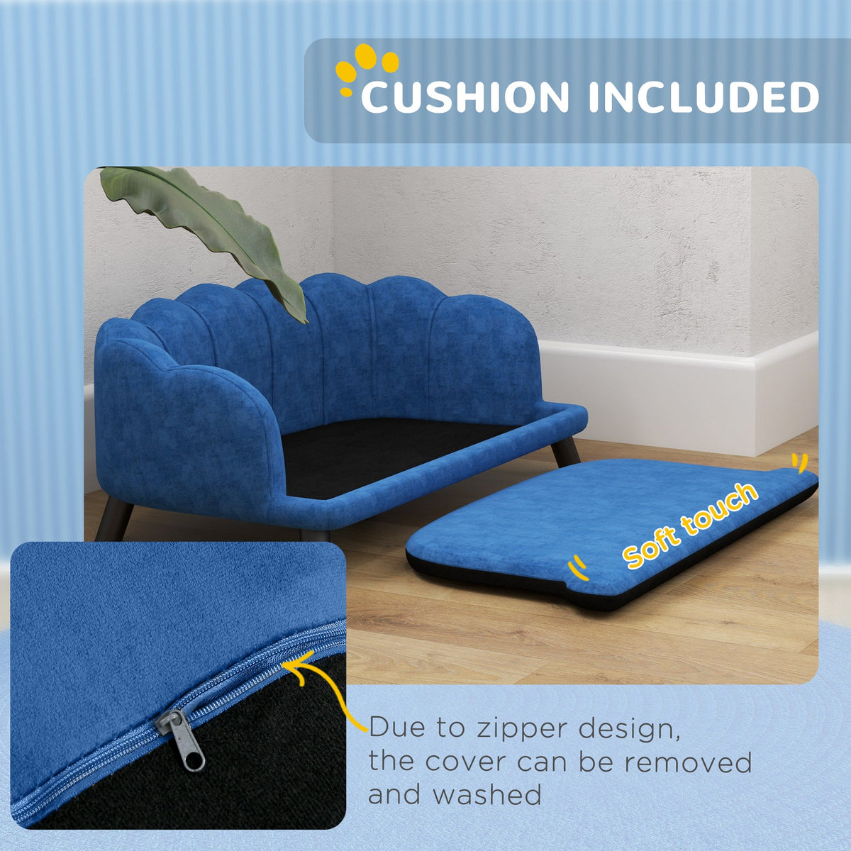 Blue sofa with a cushion included, showing the soft touch material and zipper design.