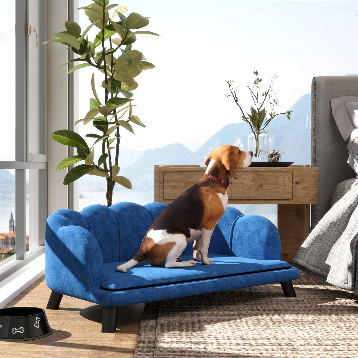 Dog sitting on a blue pet sofa in a modern living room with large windows.