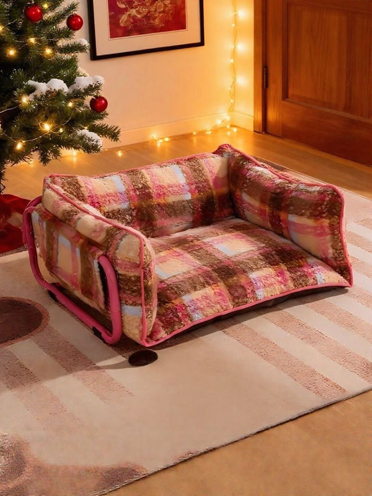 Checkered pet bed with pink trim in a room decorated for Christmas.