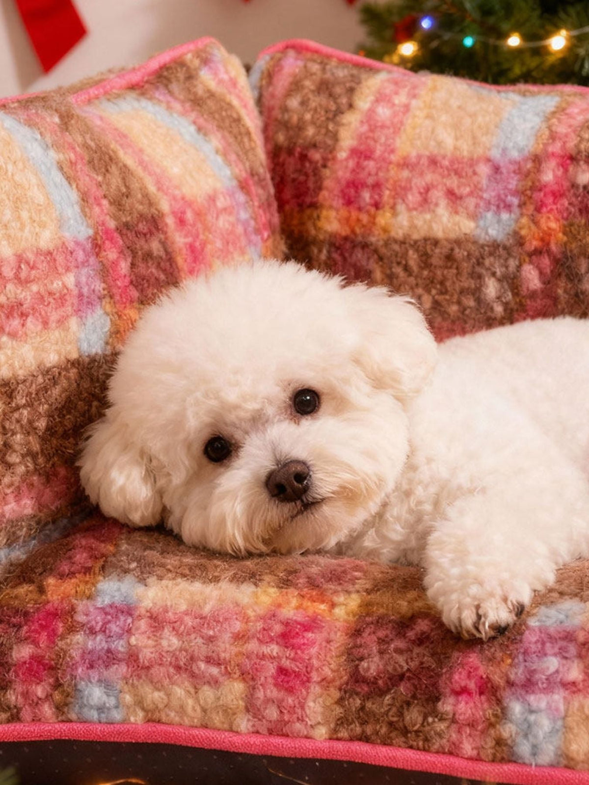 White dog lying on a colorful plaid couch with a Christmas tree in the background