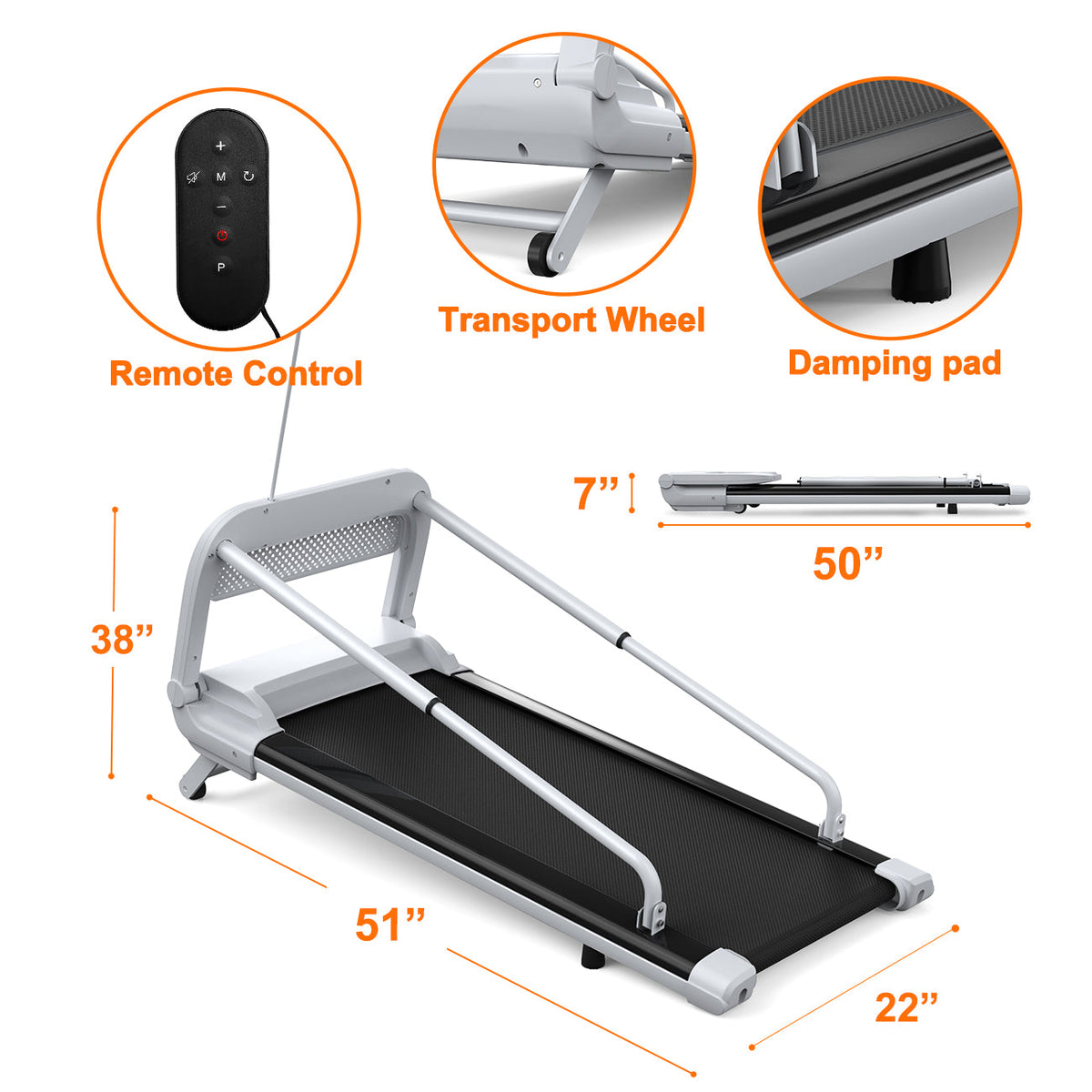 Portable treadmill with features highlighted and dimensions displayed.