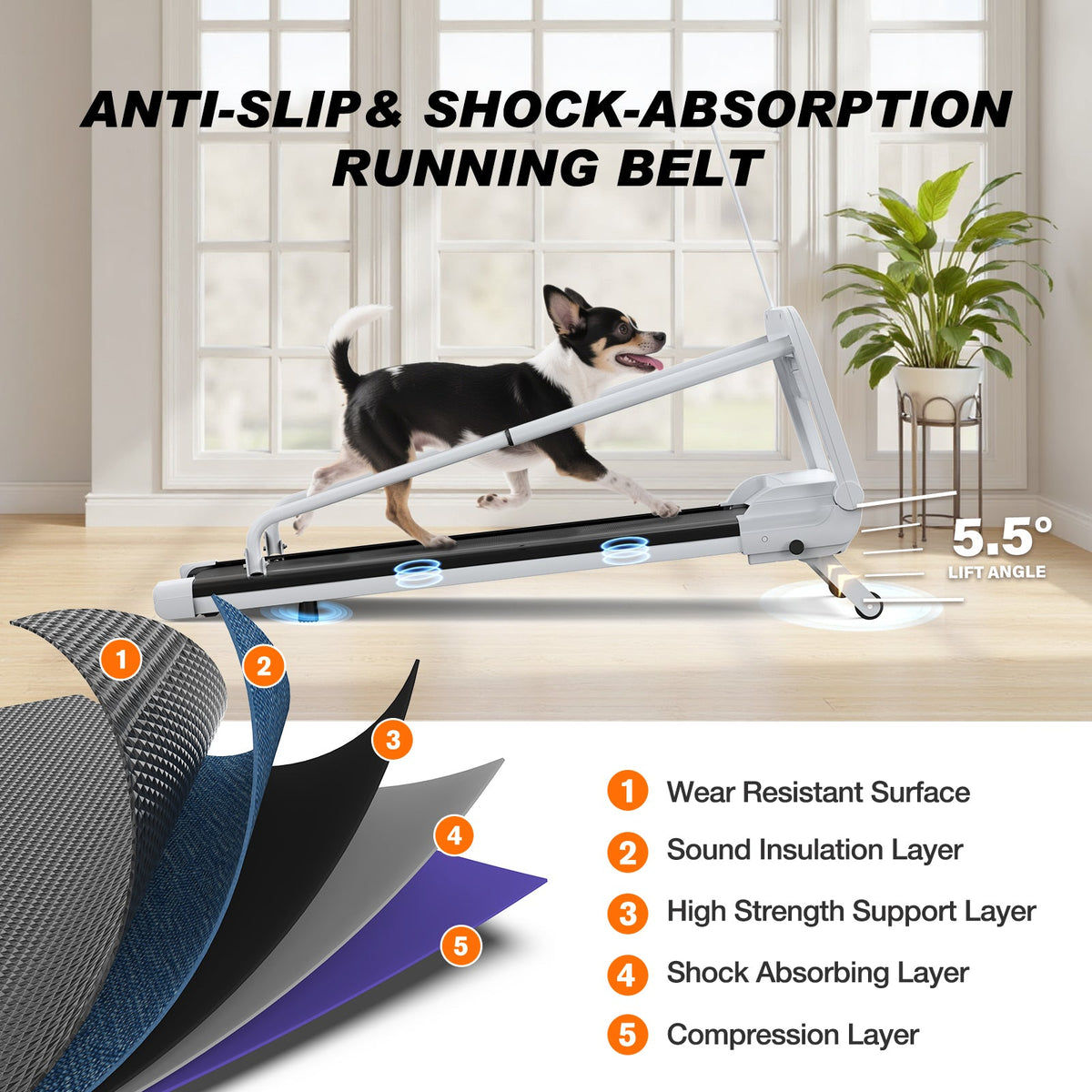 Dog on a treadmill with anti-slip and shock-absorption running belt features highlighted.