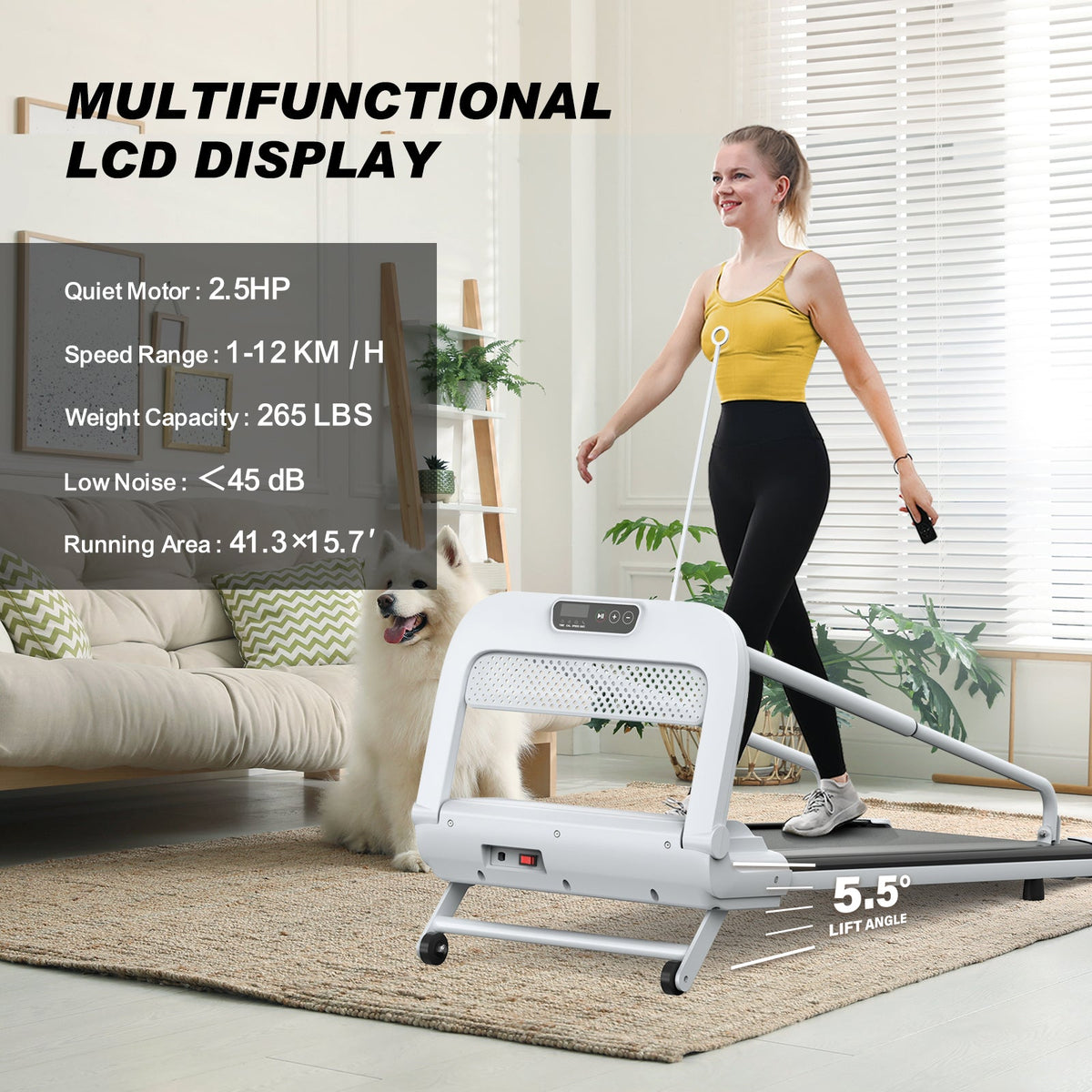 Woman using a treadmill with product specifications displayed on screen