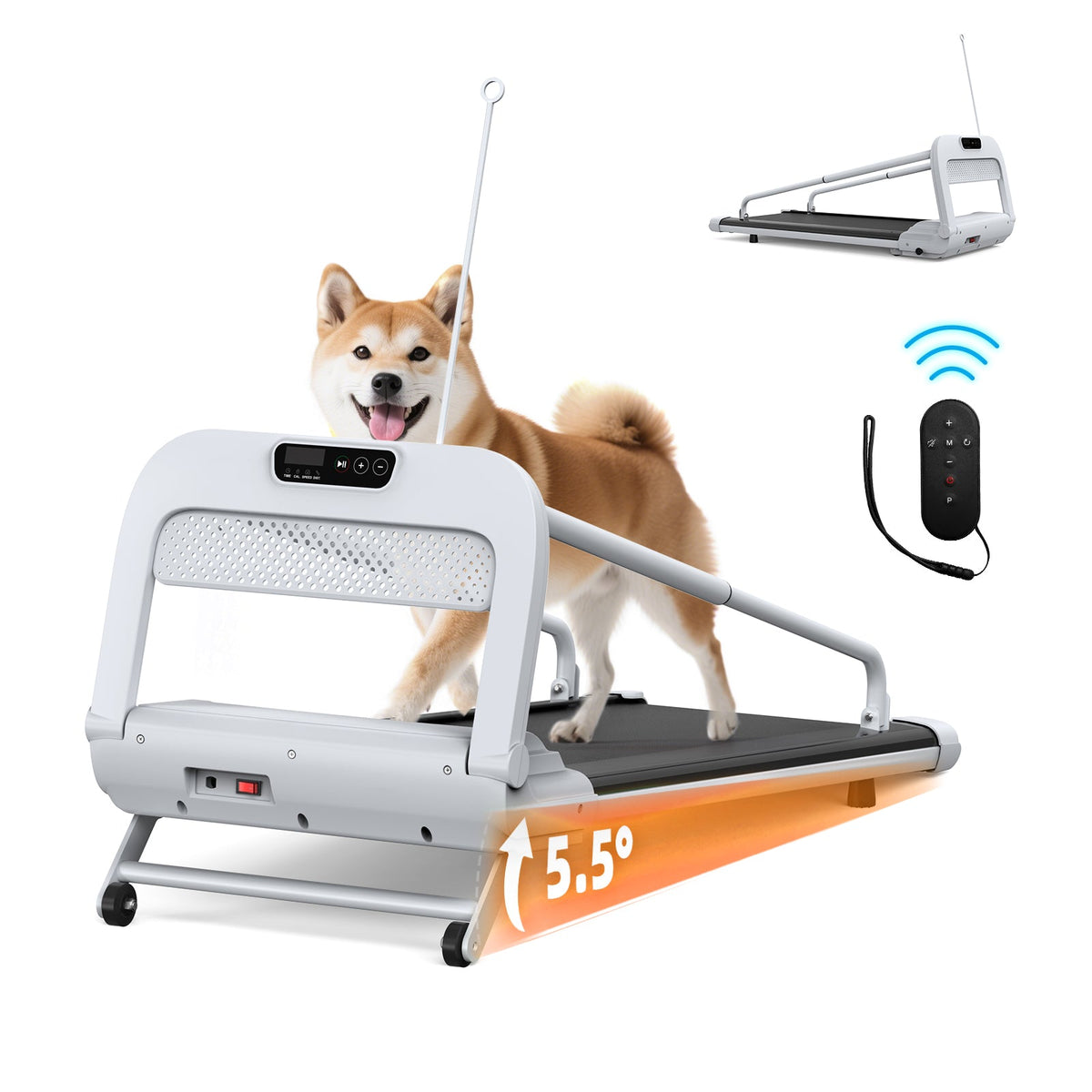 Dog on a treadmill with control panel and remote on a white background