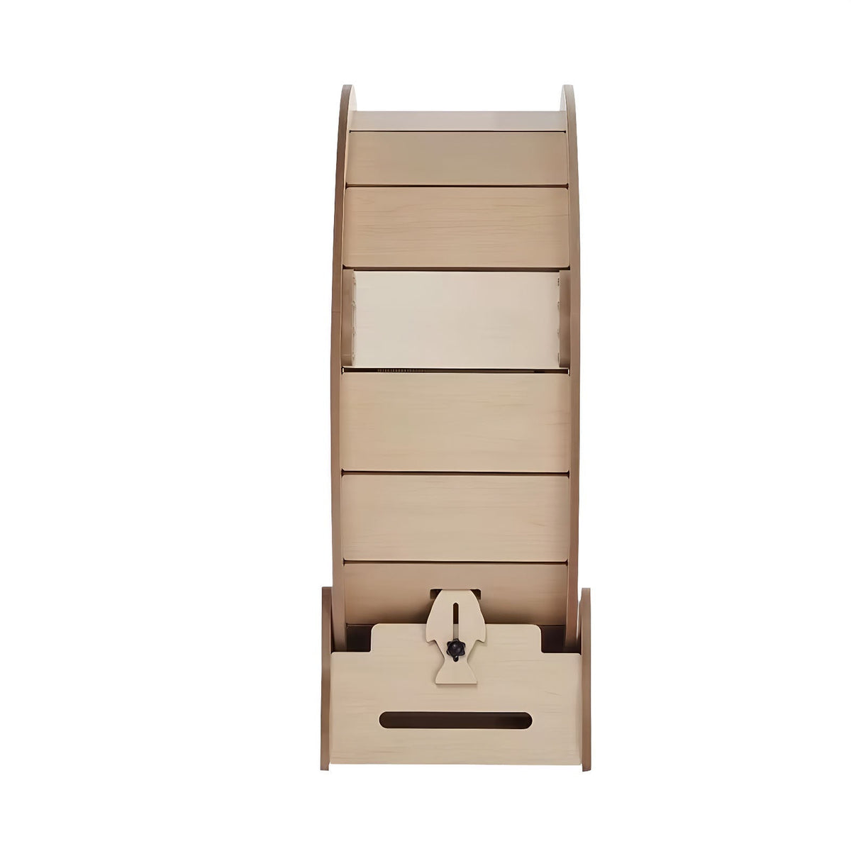 Wooden toy shelf with multiple levels on a white background
