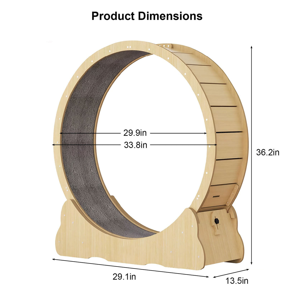 Dimensions of a wooden pet exercise wheel with measurements labeled.