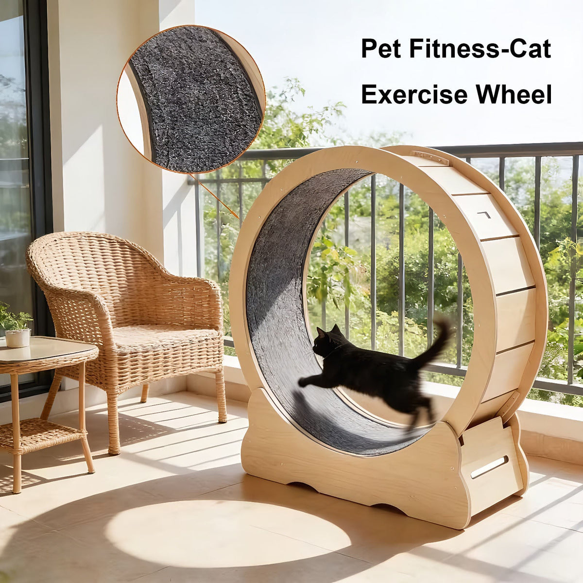 Cat exercise wheel with a cat inside on a balcony