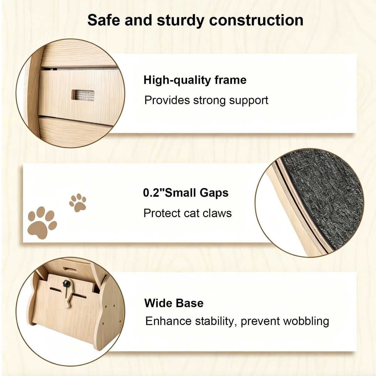 Diagram of a cat tree with text highlighting safe and sturdy construction features.