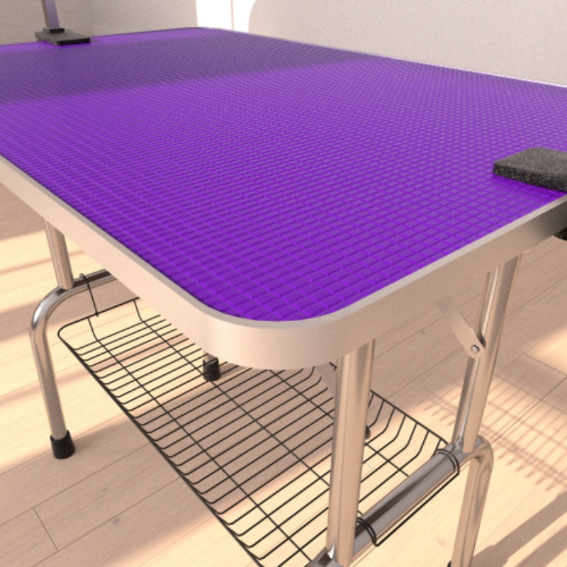 Purple grid mat on a metal table with a black wire rack underneath.