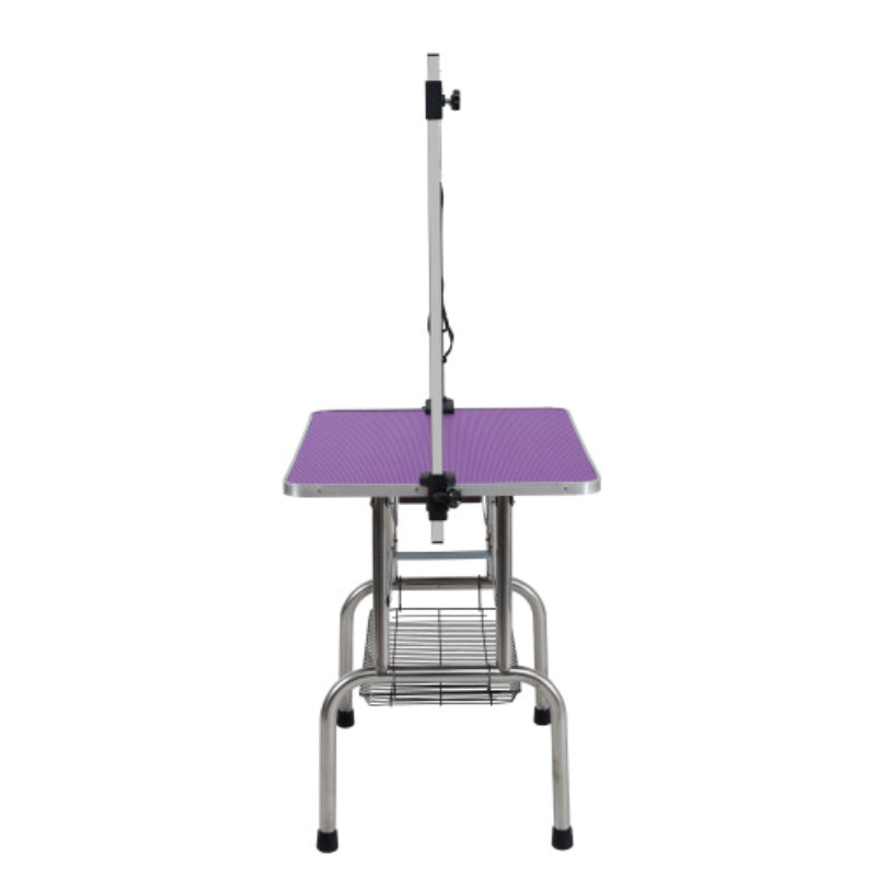 Pet grooming table with a purple platform on a white background
