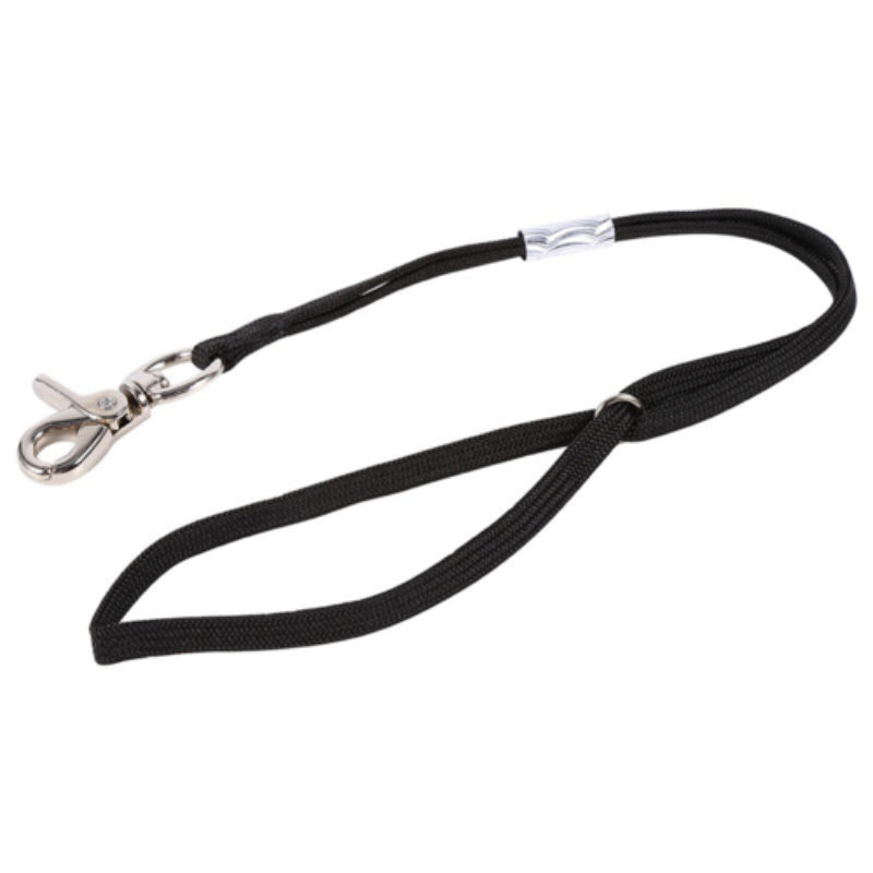 Black lanyard with a metal clip on a white background