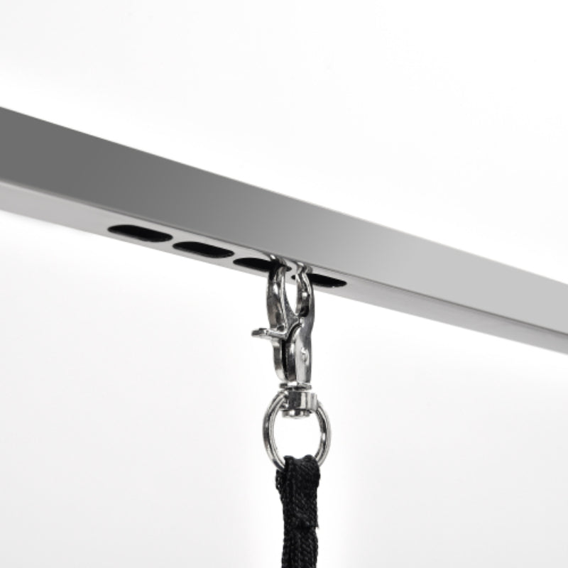 Metal bracket with a clip attached to it on a white background