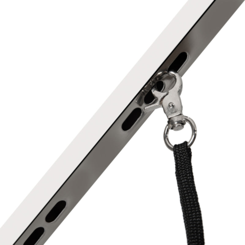 Metal bracket with a black lanyard on a white background