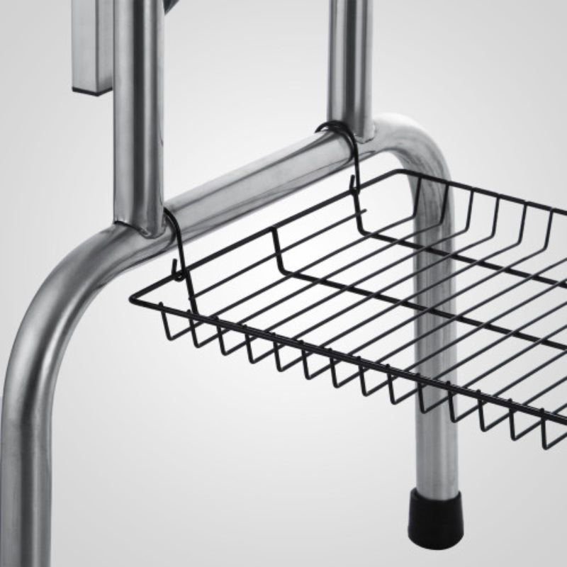 Metal shower cart with a wire basket on a light gray background