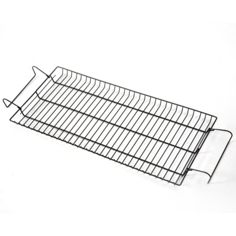 Black metal cooling rack on a white background