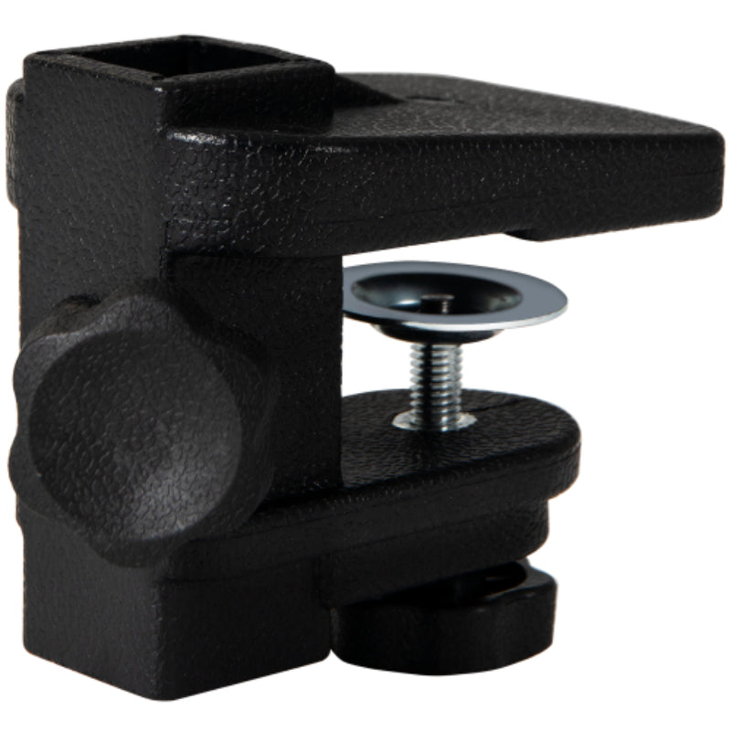 Black metal clamp with a screw on a white background