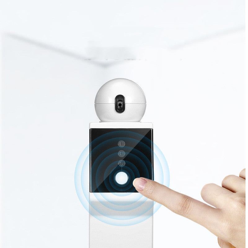 Smart home device with a hand pressing a button on a white background